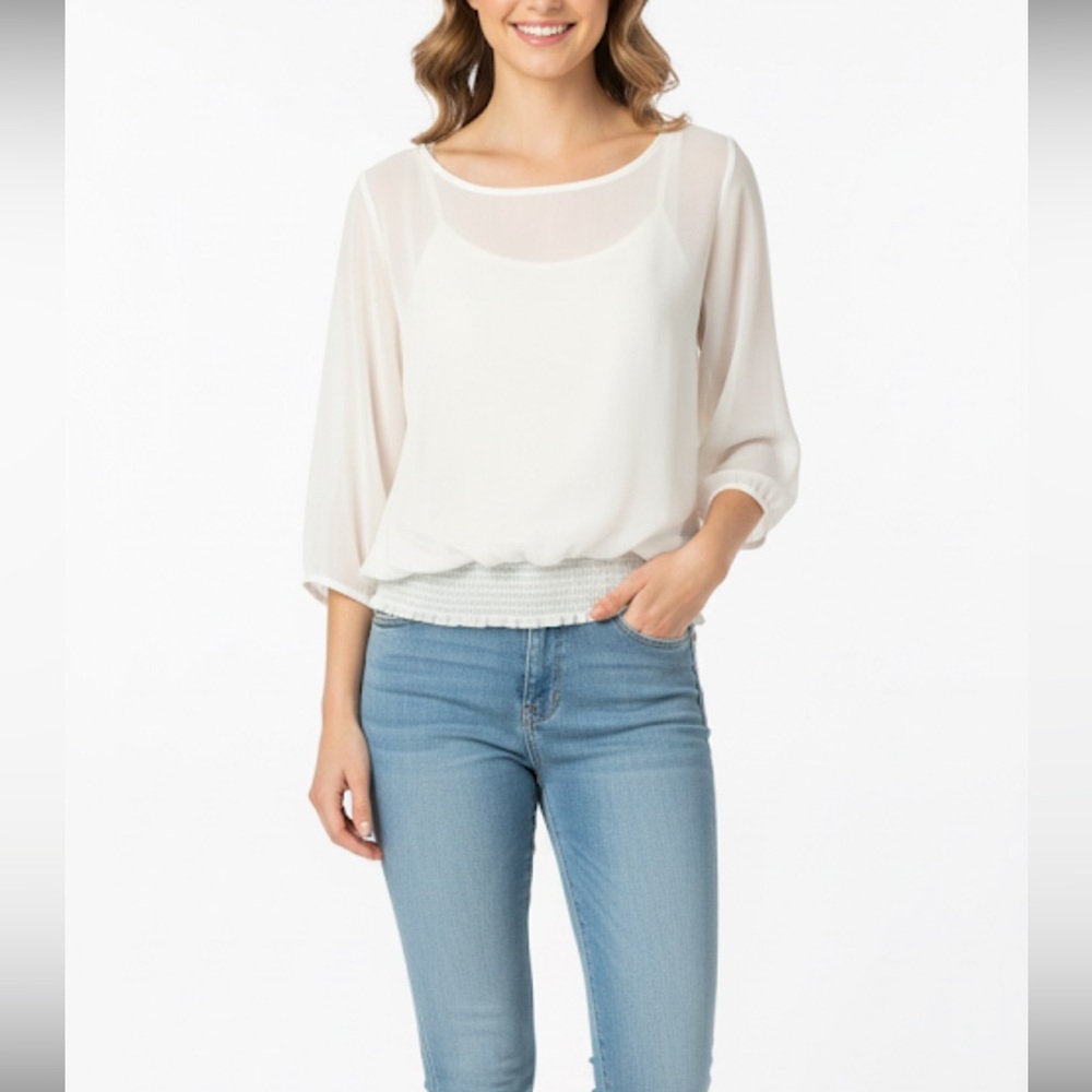 AB Studio Ivory 3/4 ruched sleeves lace top size L